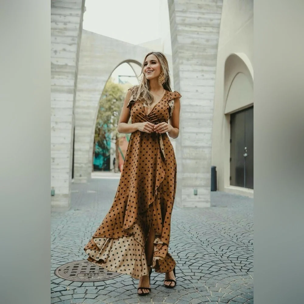 Brown Polka Dot Skirt VICI Mama Mia Polka Dotted Wrap Maxi Dress sz: Small Retro - Picture 3 of 16